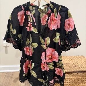 Kate Spade Black Blouse with Pink Floral Design- Madison Ave collection